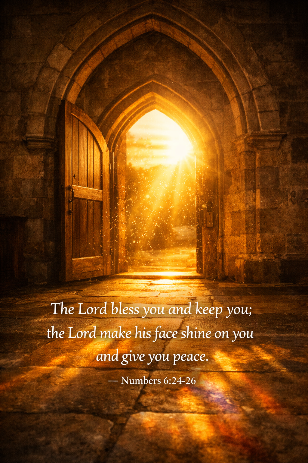 Numbers 6:24-26 Bible verse phone wallpaper - The Lord bless you and keep you give you peace - golden light streaming through old church doorway